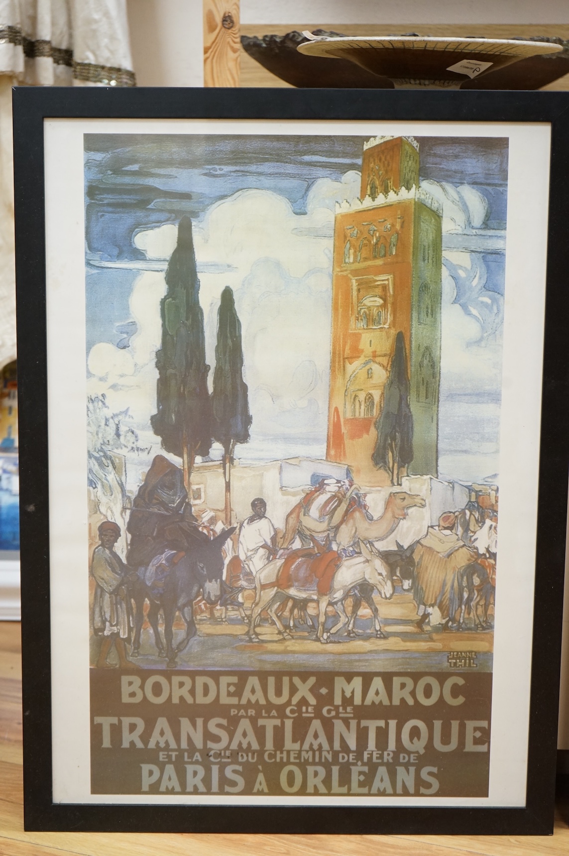 Three Contemporary printed posters to include Tanger and Meknes, in the Art Deco style together with a colour print of snooker players, largest 66 x 40cm